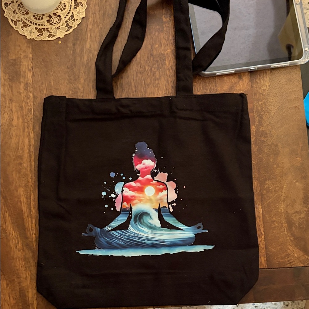 Black Tote Bag with Colorful Meditation Design